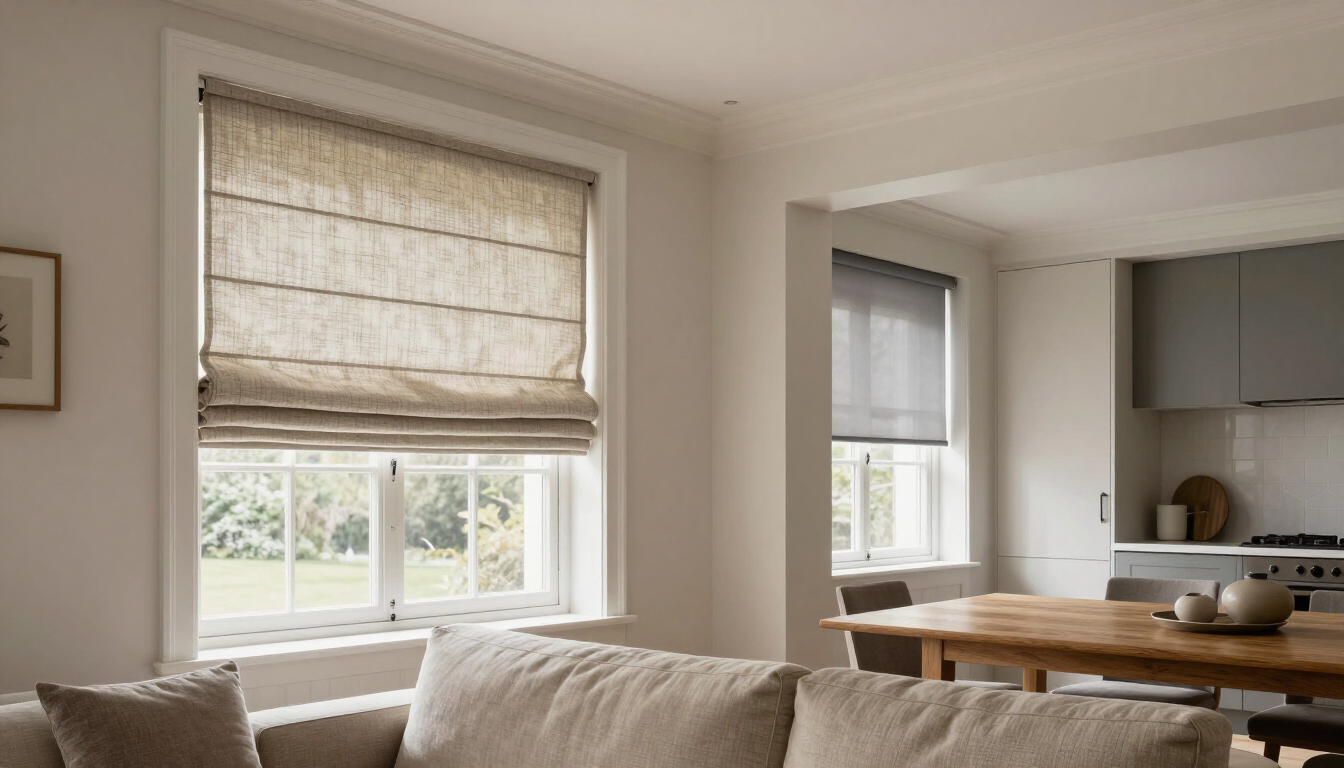 Bright living room with two windows, beige Roman shades, and a view into the kitchen
