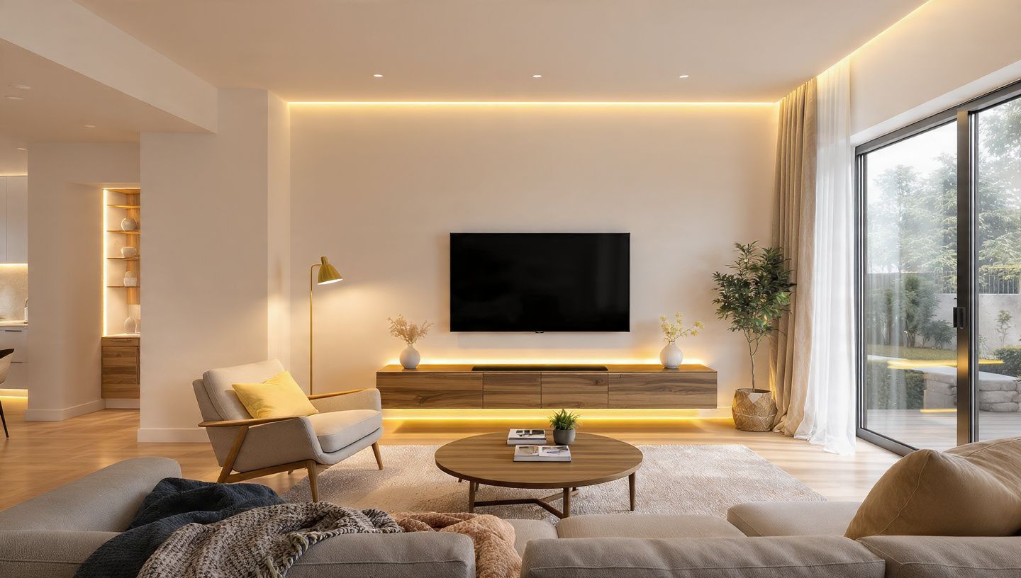 Modern living room with neutral decor, wall-mounted TV, warm lighting, and large sliding glass doors