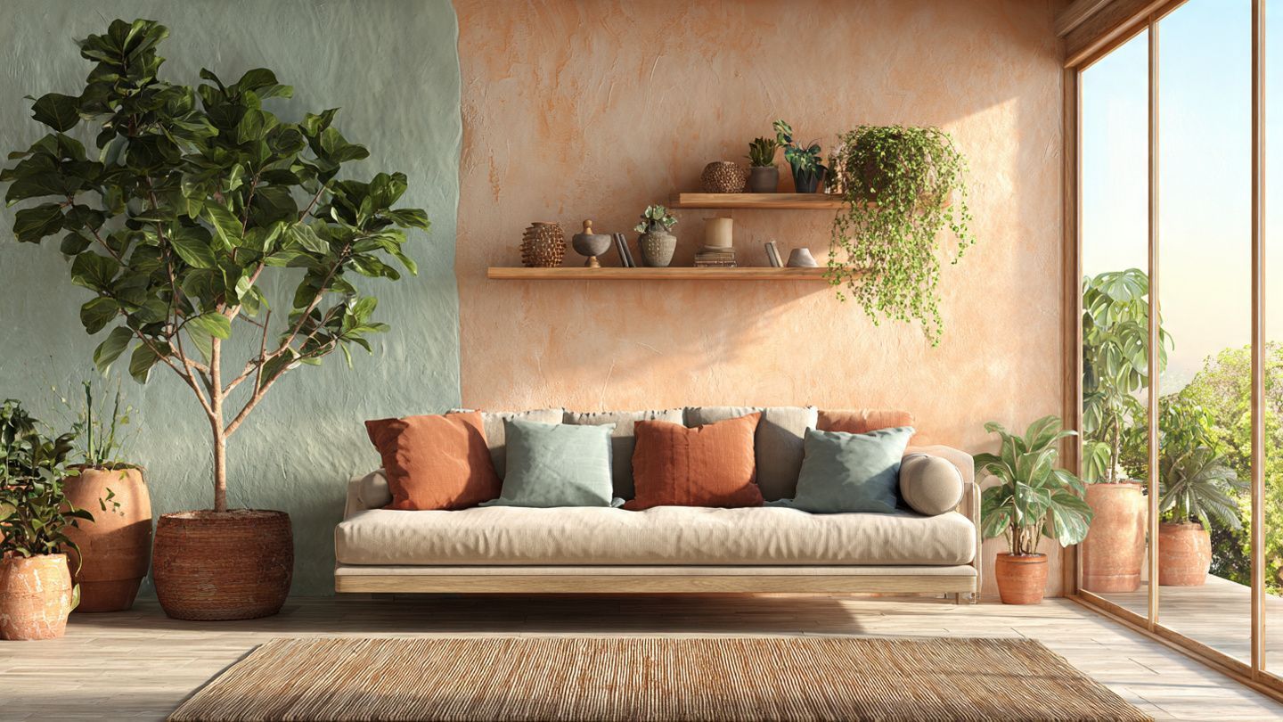 A cozy living room with a beige sofa, colorful pillows, and shelves against a two-toned teal and peach textured wall.