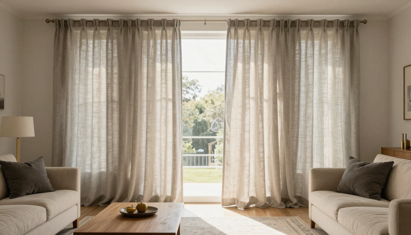 Bright living room with sheer curtains, sofa seating, and a coffee table facing a sunlit window.
