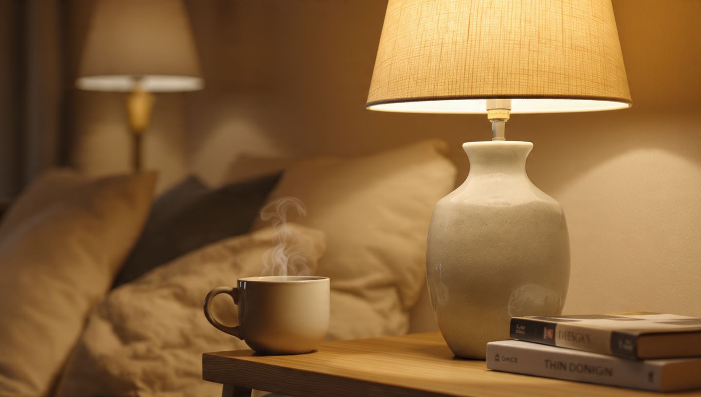 Cozy bedside table with lit lamp, coffee mug, and stacked books beside pillows on a bed