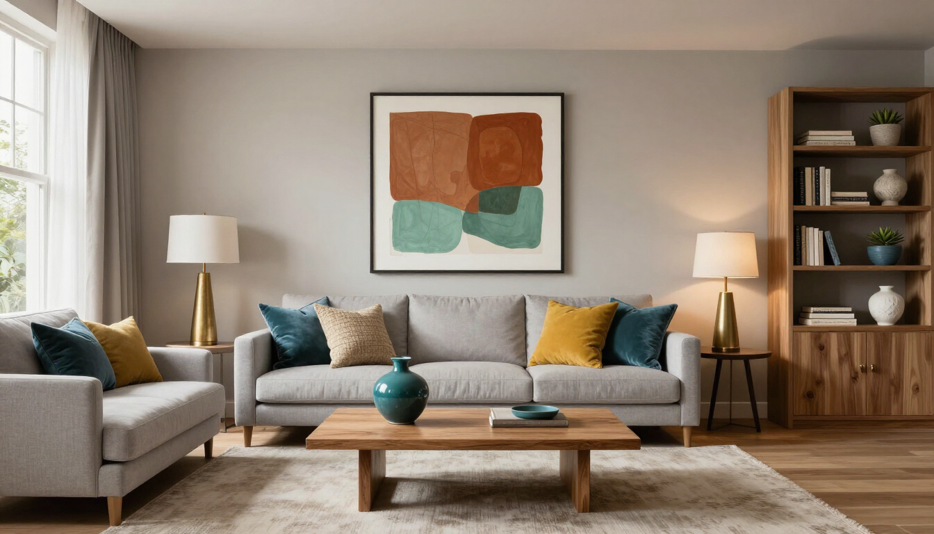 Modern living room with gray sofa, wooden coffee table, abstract wall art, and warm floor lamps