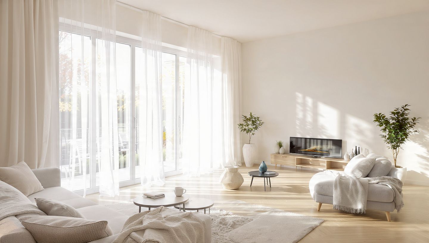 Bright, airy living room with sheer curtains, white furniture, rug, plants, and sunlight streaming in.