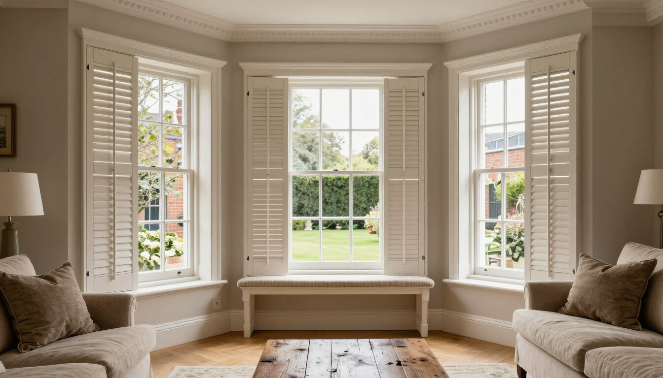 Bright bay window sitting room with beige sofas, white shutters, and a view of green trees outside