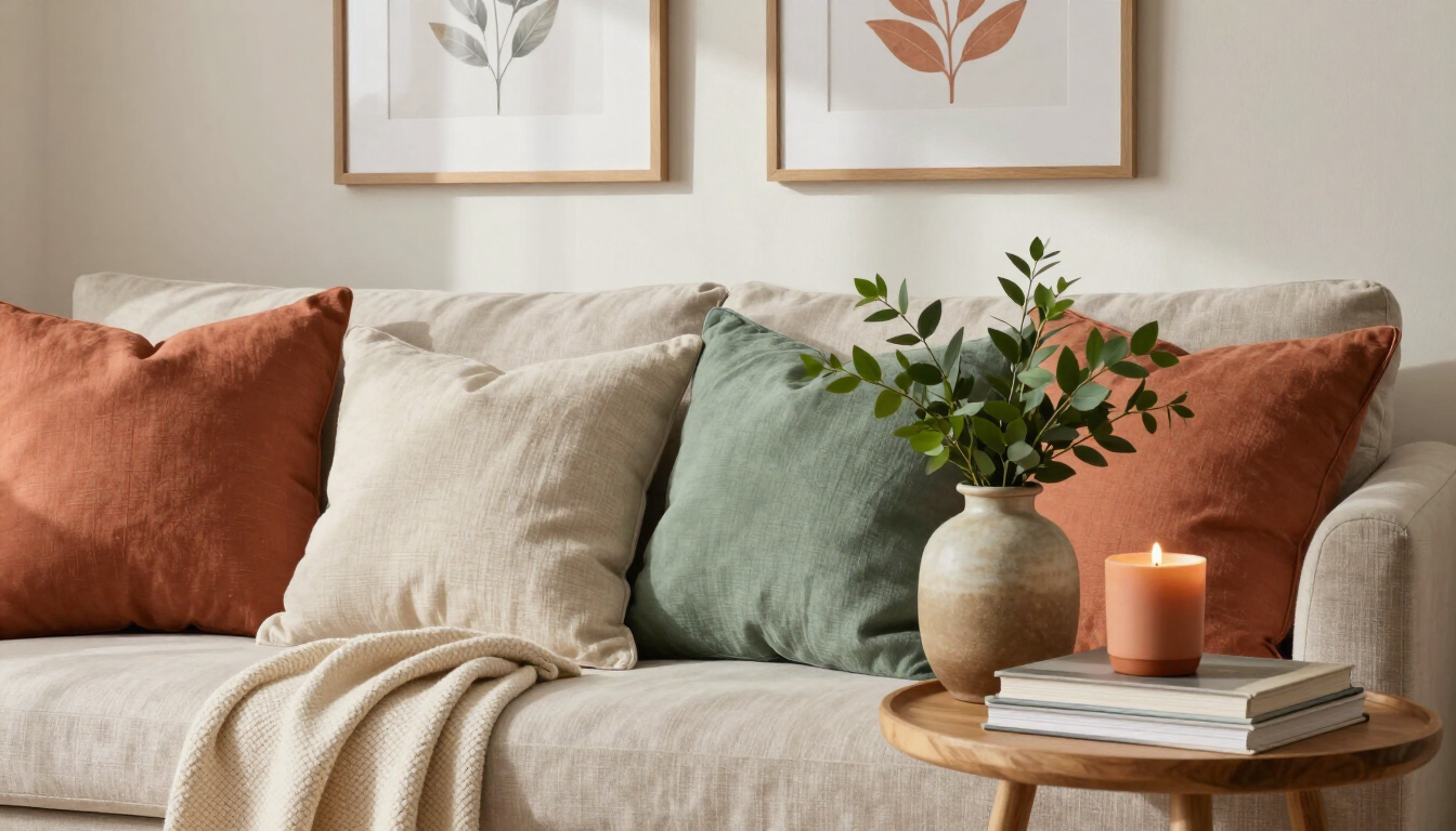 Cozy sofa with rust, beige, and sage pillows, a vase of greenery, and a lit candle on a side table