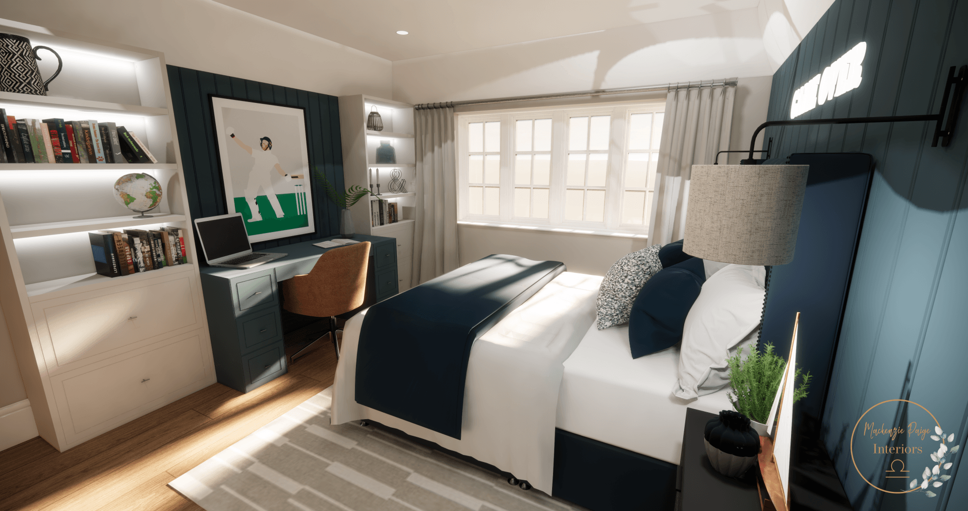 Bright modern bedroom with a neatly made bed, white shelves, desk, and large window.