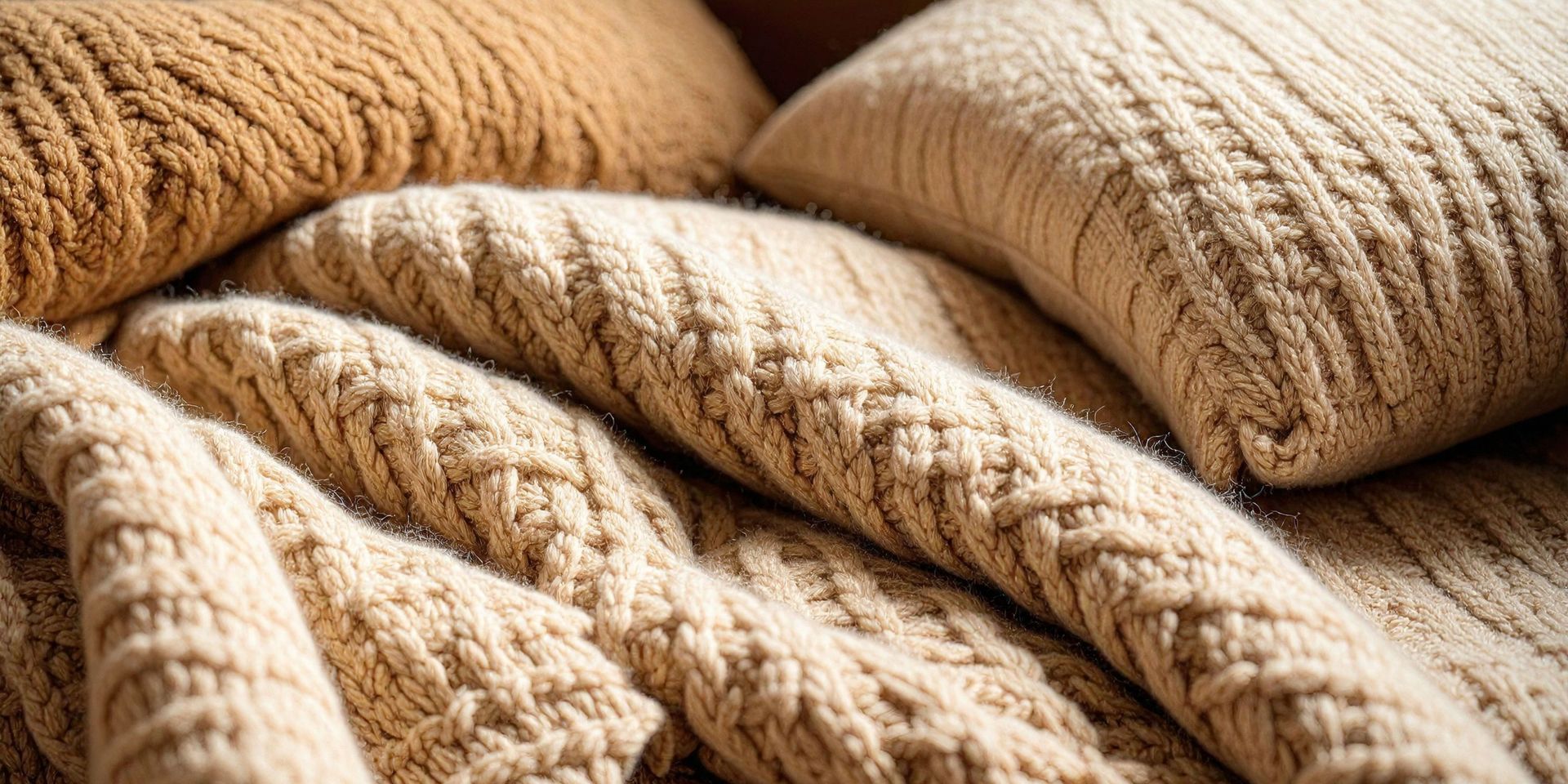 Close-up of cozy, textured knitwear in various shades of beige and tan, stacked together.