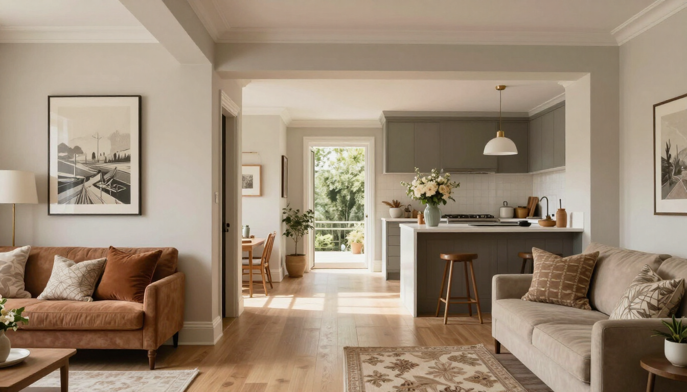 Bright open-plan living room and kitchen with beige sofas, wood floors, pendant lights, and a sunlit doorway.