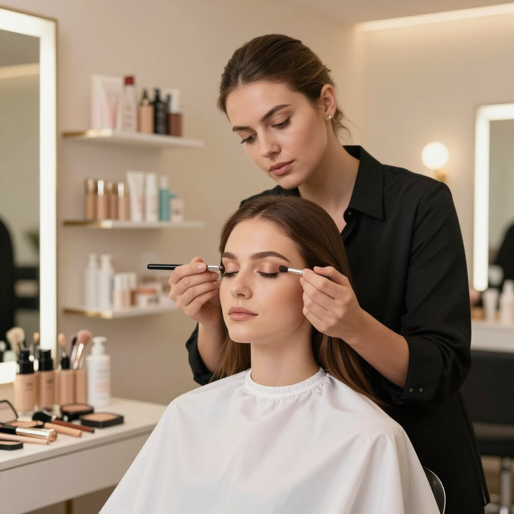 Maquilladora aplicando maquillaje de ojos a una clienta sentada en un salón luminoso.