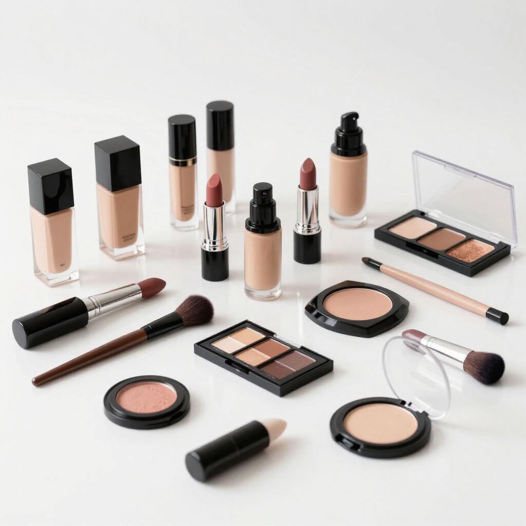 Productos de maquillaje variados en tonos neutros, que incluyen bases de maquillaje, labiales, paletas y polvos
