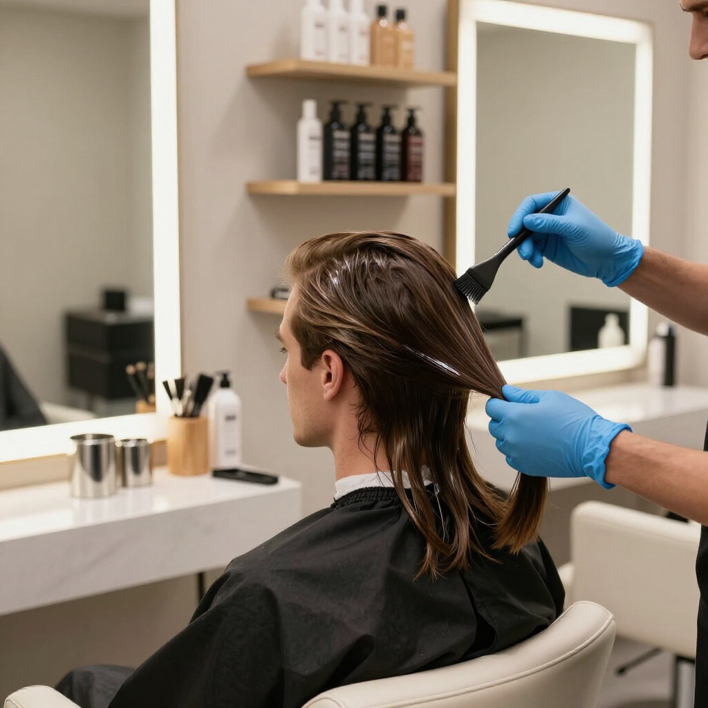 Peluquera aplicando tinte al cabello mojado de una clienta en un salón de belleza.