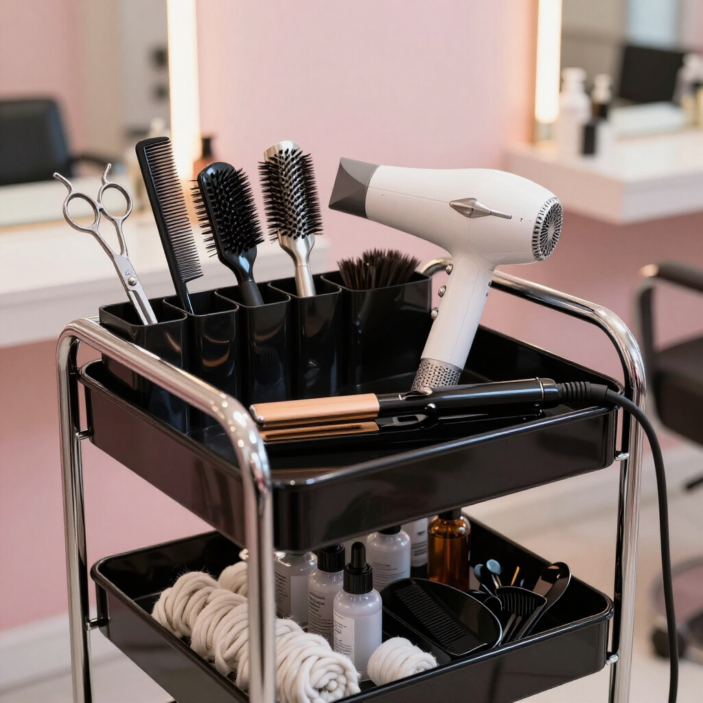 Carrito de peluquería negro con herramientas para el cabello, cepillos, peines, tijeras y un secado