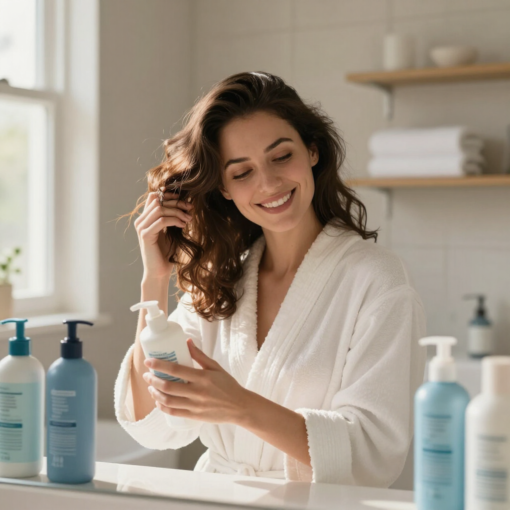 Mujer con bata blanca sonriendo mientras se aplica loción en un baño luminoso con frascos azules