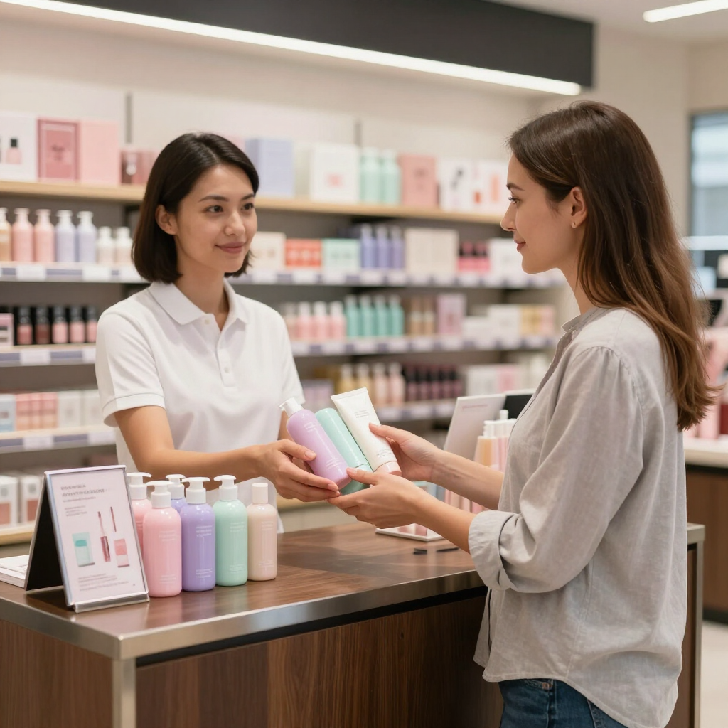 Dos mujeres intercambian productos para el cuidado de la piel en el mostrador de una tienda