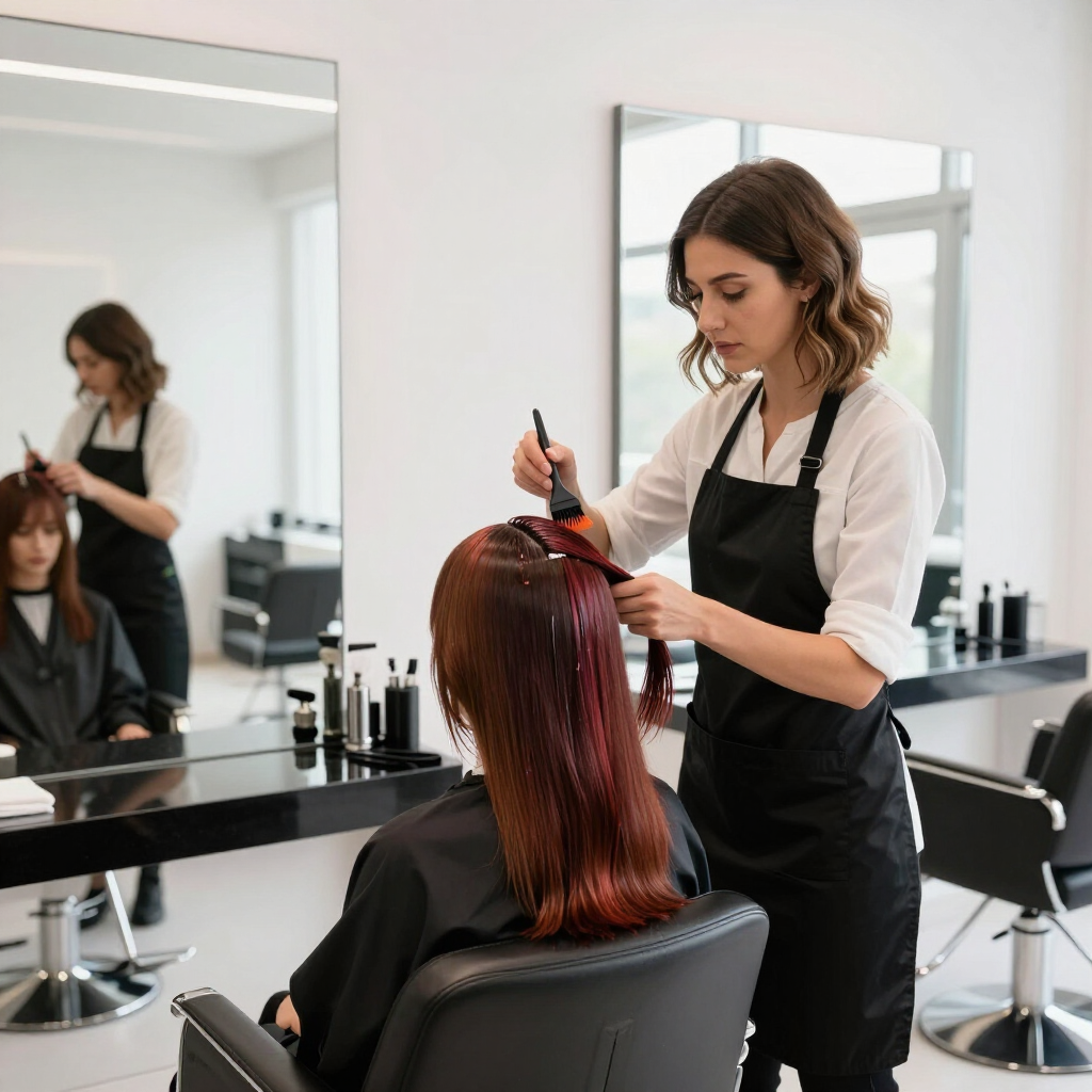 Estilista tiñe el cabello de una clienta en un salón moderno con espejos y estaciones de peinado.