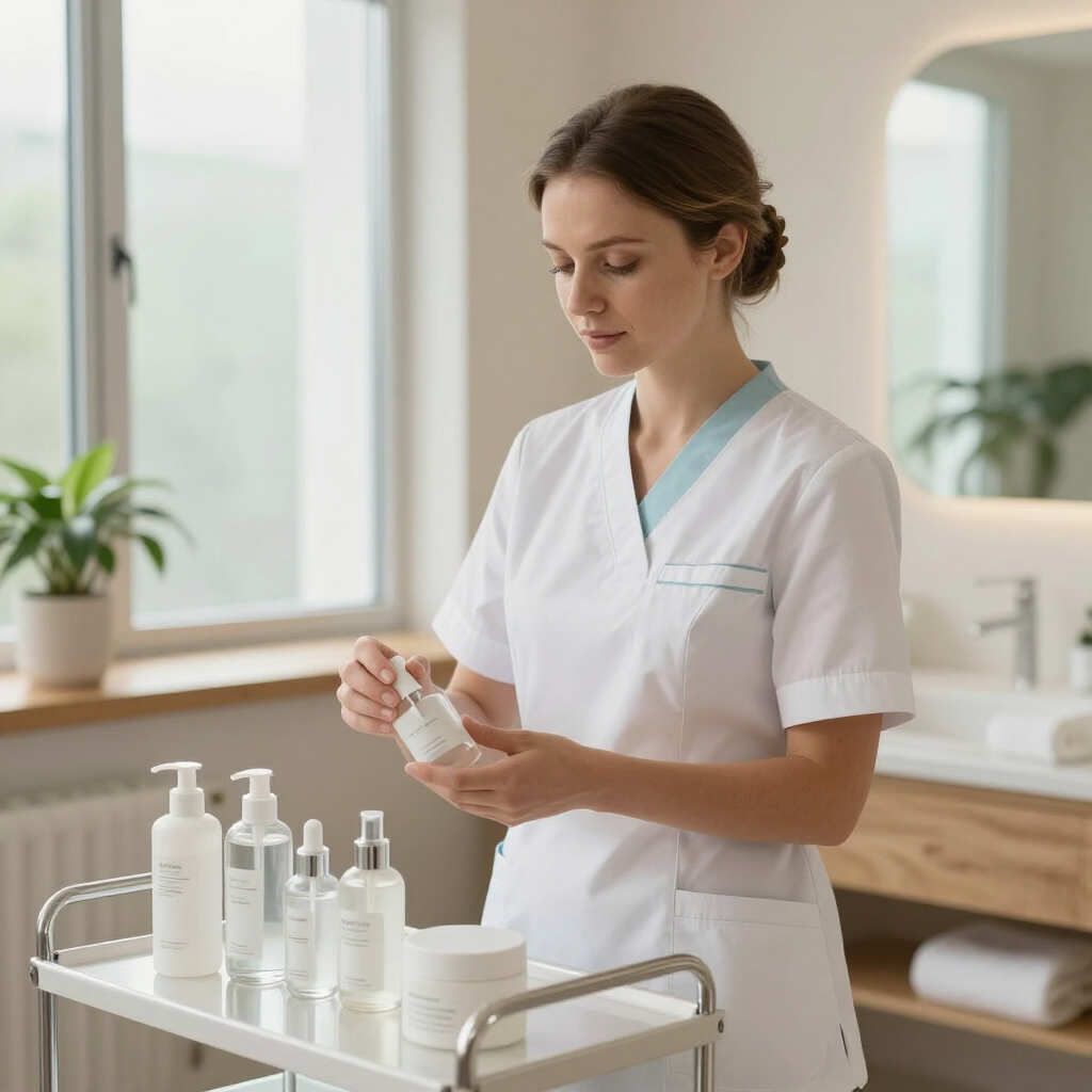 Miembro del personal médico con uniforme blanco etiquetando un frasco junto a productos para el cuidado de la piel
