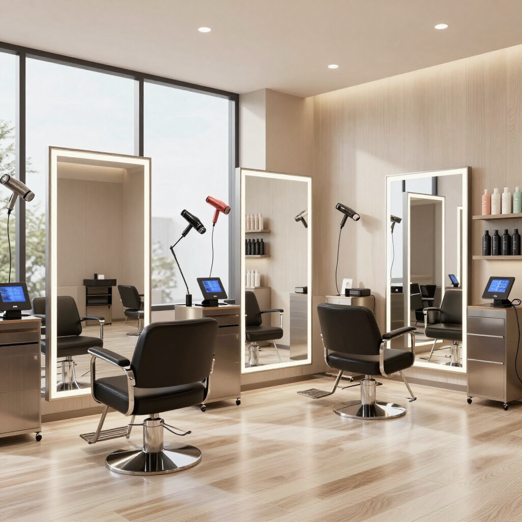 Salón de belleza moderno con sillones, espejos, secadores y grandes ventanales.