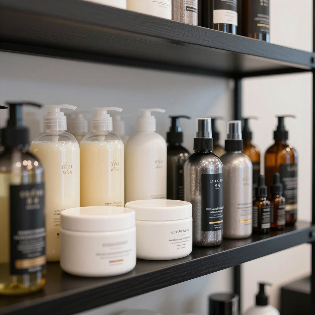 Estantes con botellas surtidas de champú, loción y productos para el cuidado de la piel en un moderno escaparate.