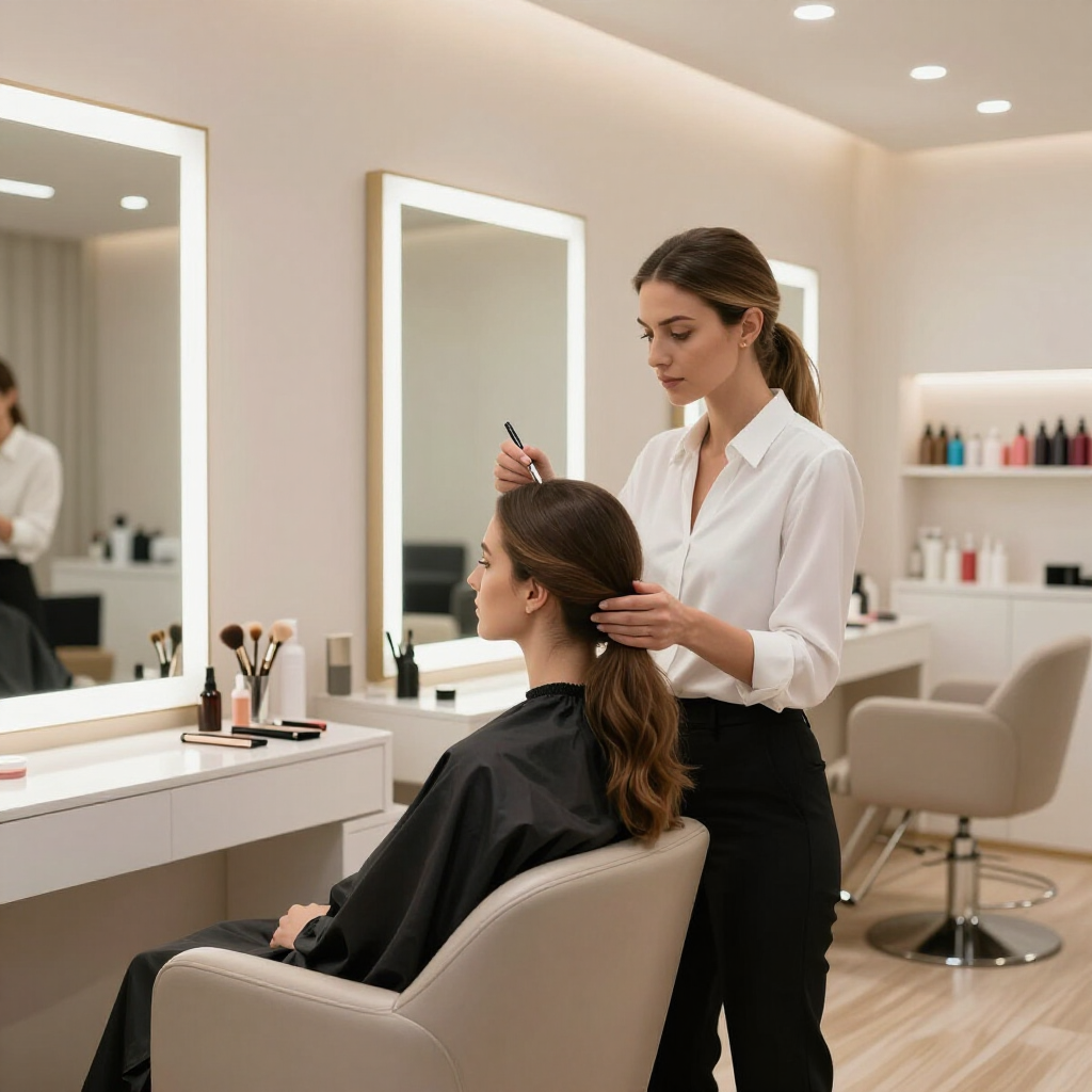 Estilista cortando el cabello de una clienta en un salón luminoso con espejos y herramientas de maquillaje.
