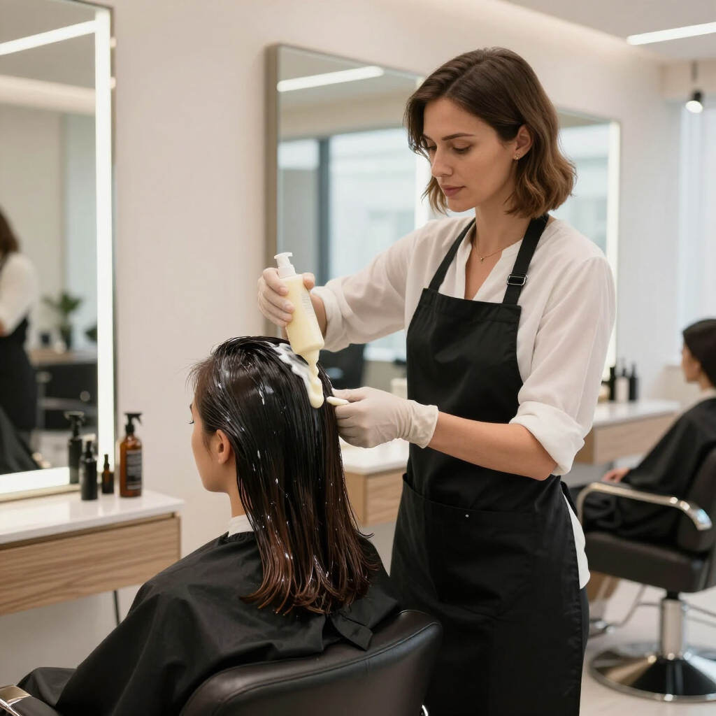 Estilista aplicando tinte al cabello de una clienta sentada en un salón moderno.