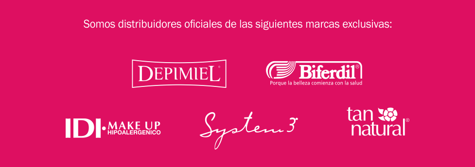 Fondo rosa con texto blanco y varios logotipos de marcas, entre ellas DEPMIEL, Biferdil, IDI y ton natural.