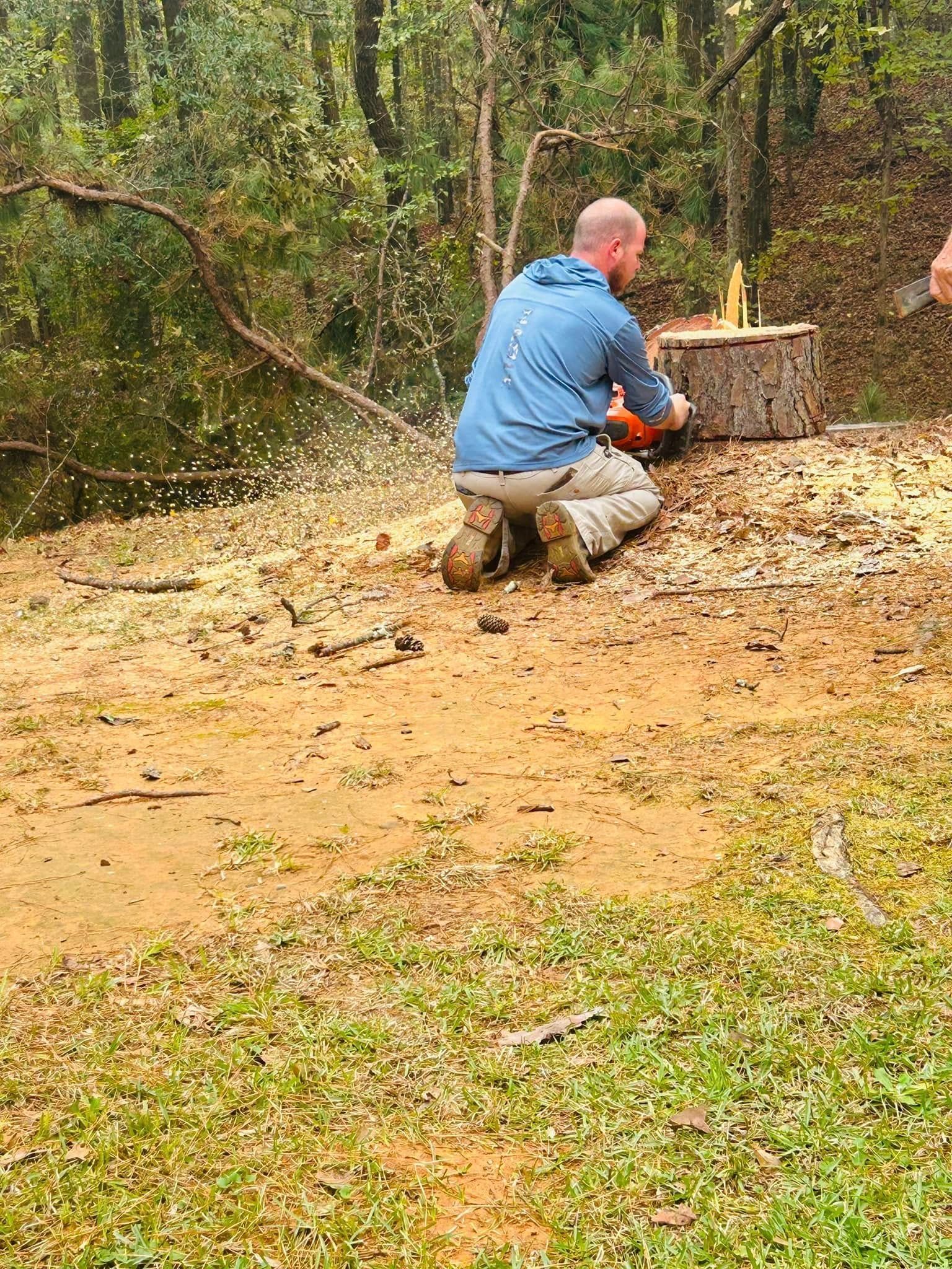 Person in a blue jacket kneels by a tree stump in a wooded area with muddy ground.