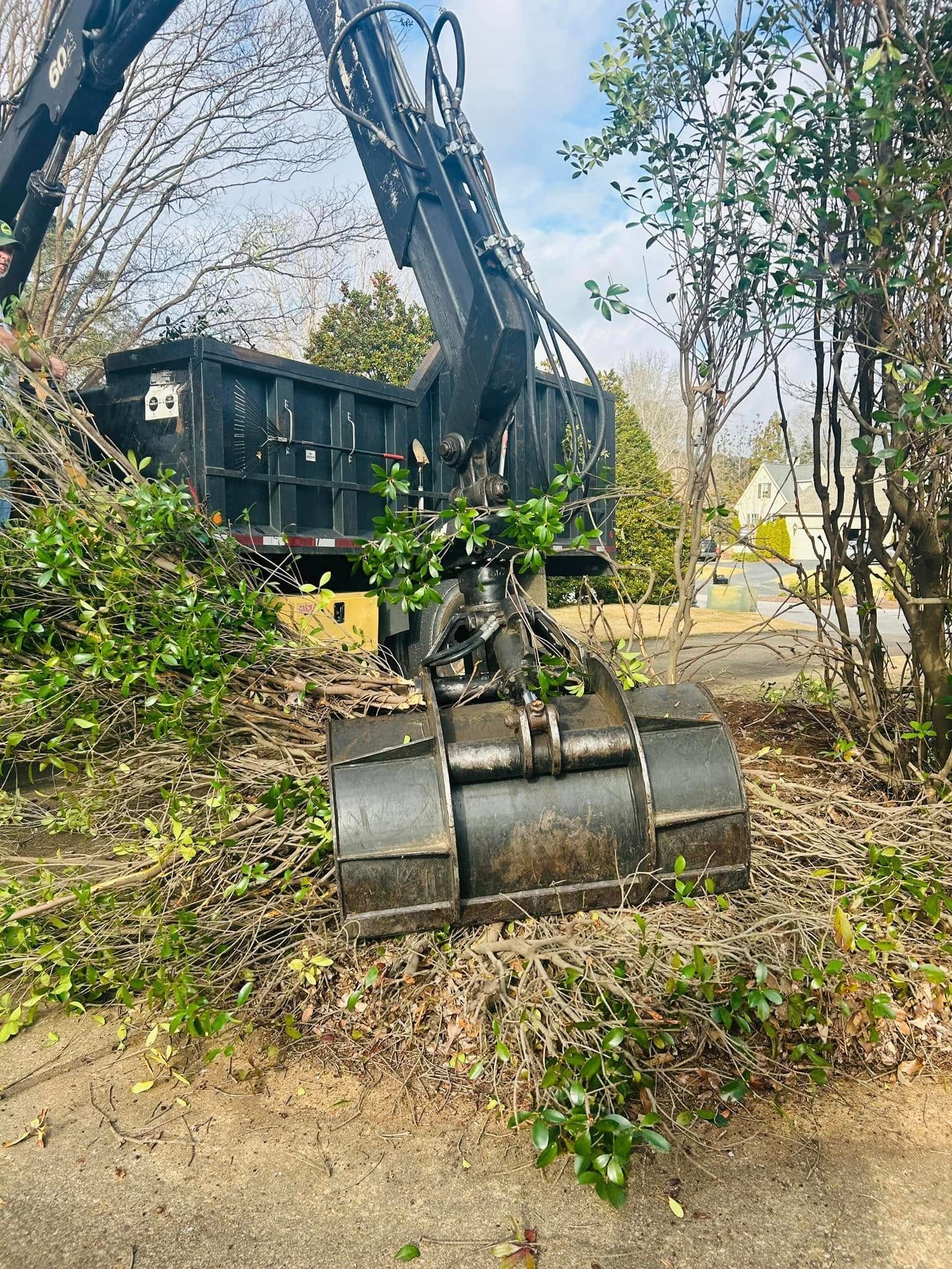 Excavator with raised arm and bucket in a wooded yard beside a dark building.