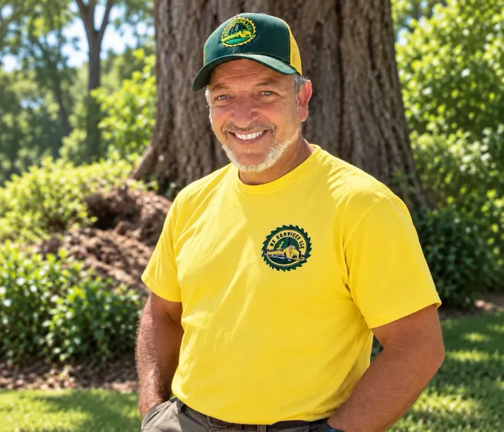 Smiling person in a green cap and yellow shirt standing outdoors by a tree and shrubs.