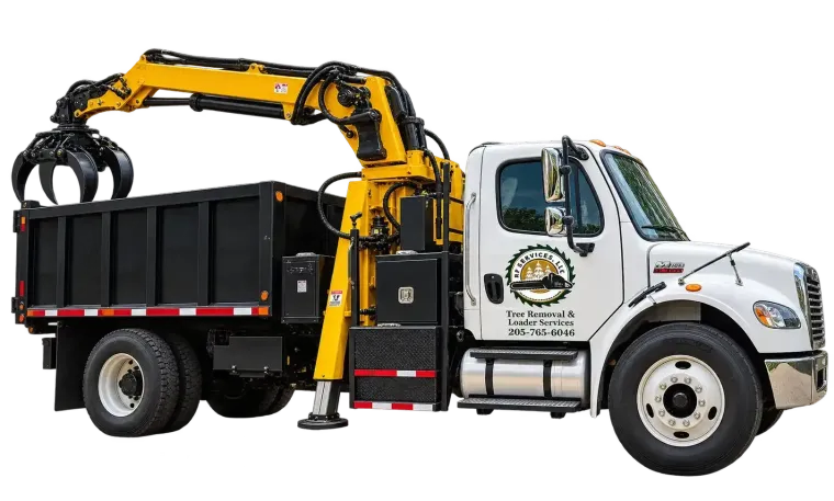 White work truck with yellow crane arm and black cargo bed on a white background