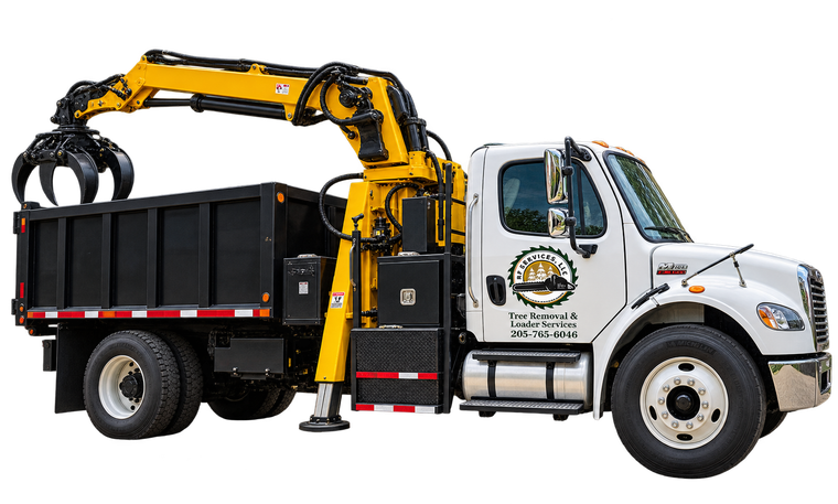 White work truck with yellow crane arm lifting an empty black dump bed, side view