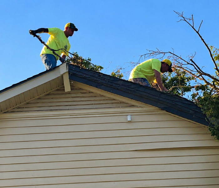 Two workers in neon shirts clearing branches from a house roof under a clear blue sky