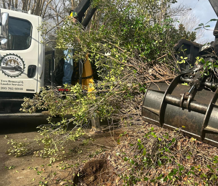 Overturned work truck beside fallen tree branches, with heavy equipment in the foreground