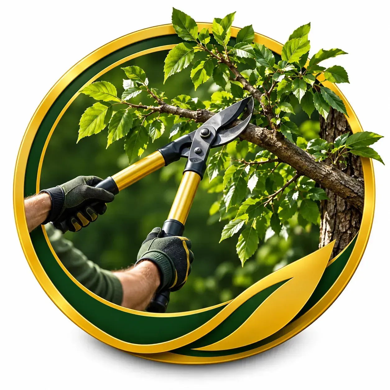 Hands using loppers to trim a leafy tree branch inside a green-and-gold circular emblem