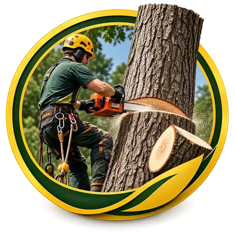 Arborist cutting a tree trunk with a chainsaw, framed by a green-and-yellow circular logo.
