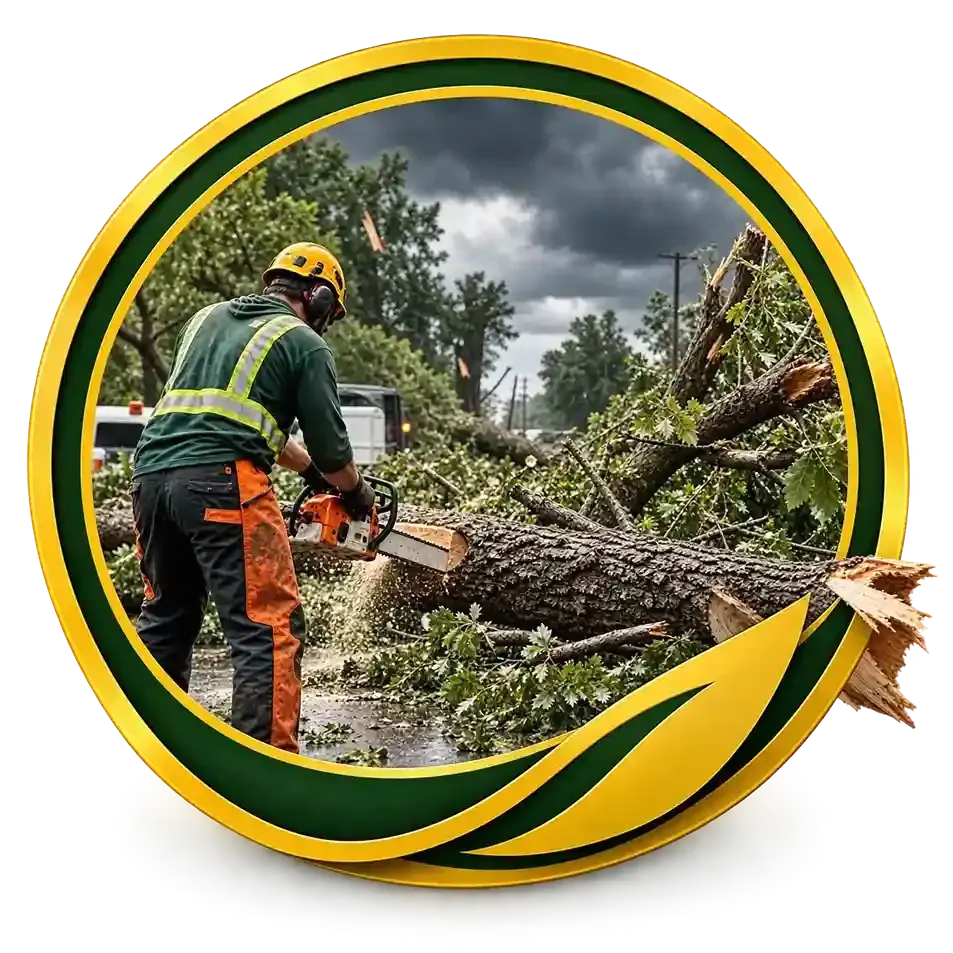 Worker cutting fallen tree branches with a chainsaw, surrounded by green trees and stormy sky in a circular logo.