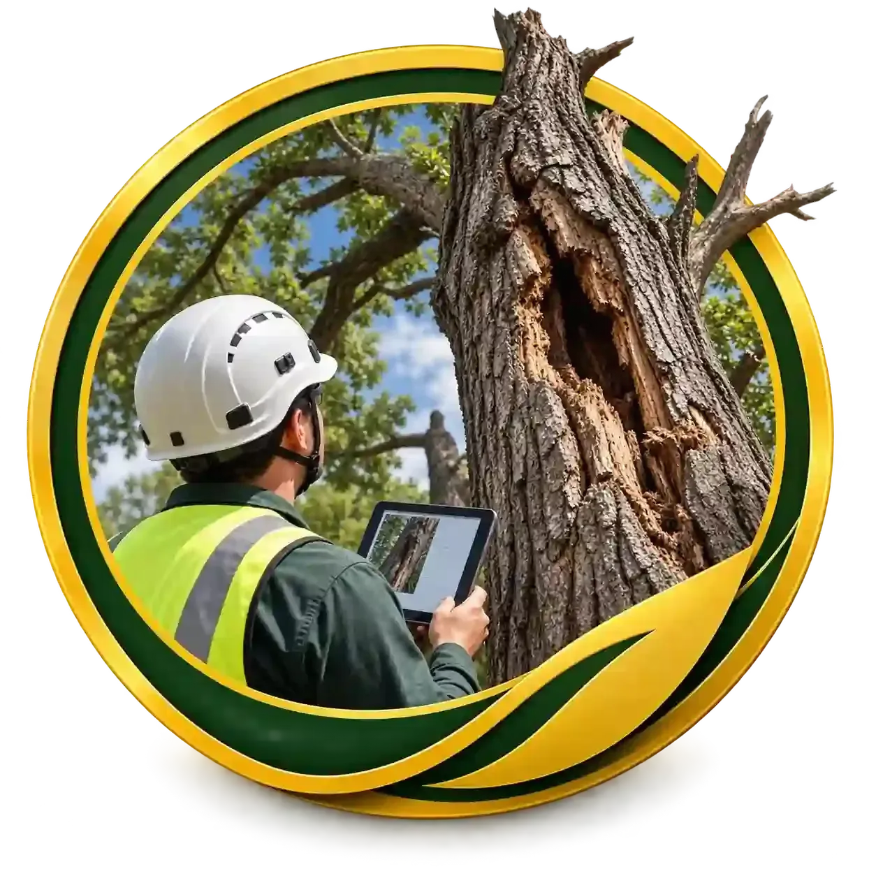 Arborist in helmet and safety vest inspecting a hollow tree with a tablet