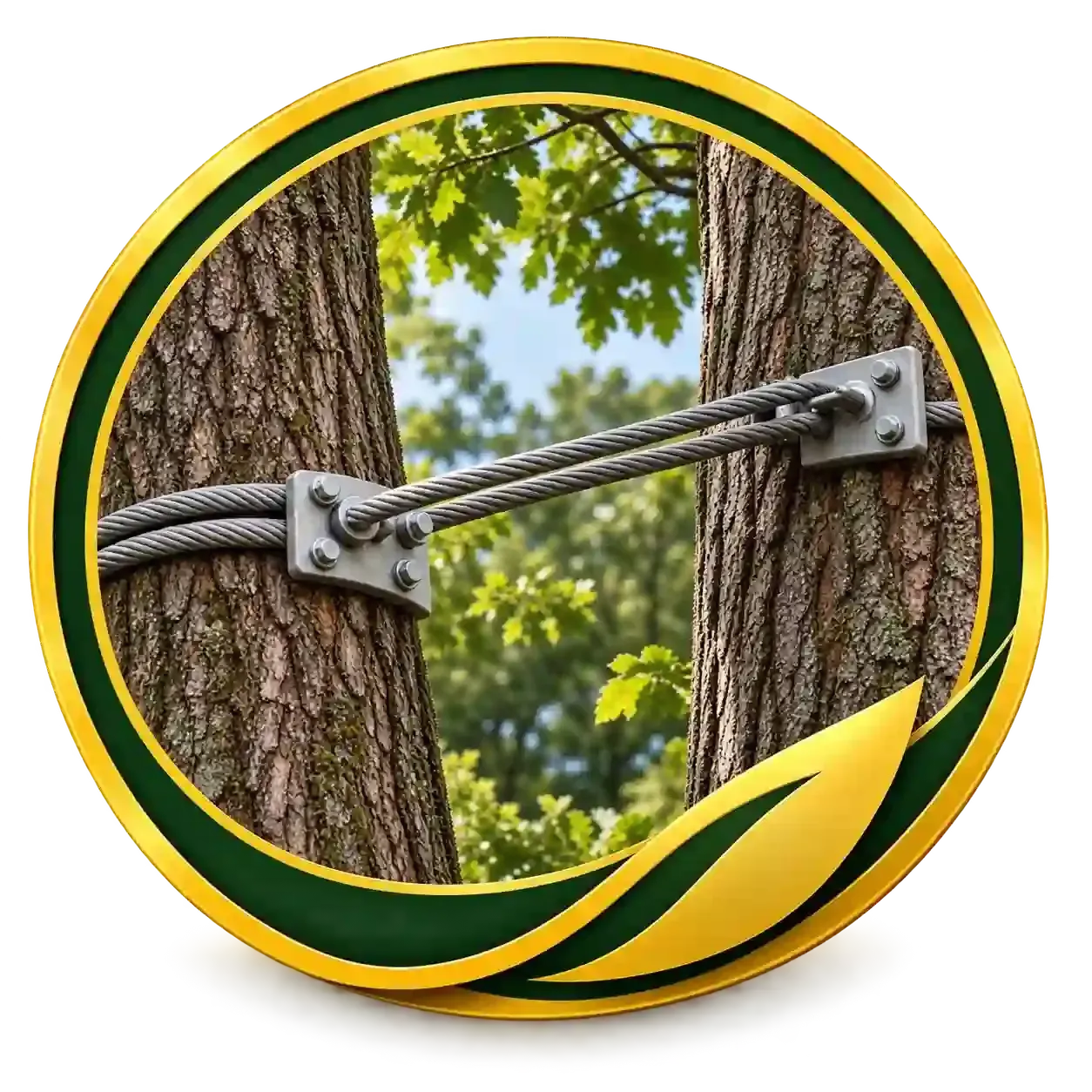 Two tree trunks joined by a metal brace inside a yellow circular leaf border