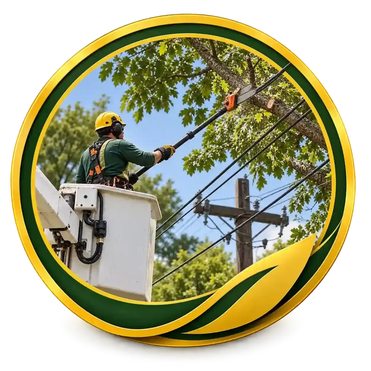 Utility worker trimming tree branches from a bucket truck, with yellow-green circular border.