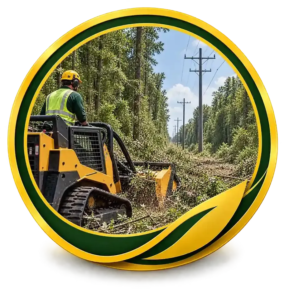 Bulldozer clearing fallen trees on a forest road beside power lines, framed by a green-yellow circular logo