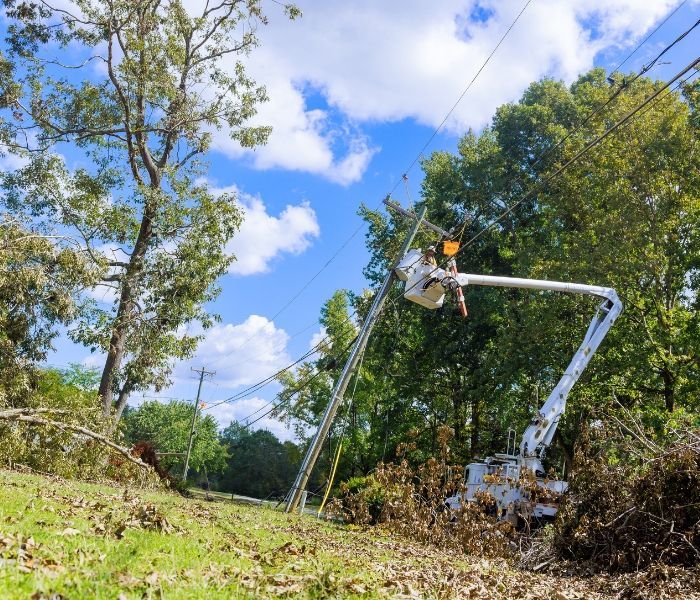 Utility truck bucket lift beside trees under a blue sky with power lines overhead