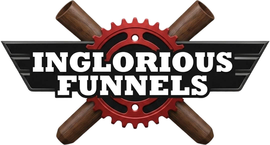 “Vincious Funnels” logo in metallic silver with crossed funnel shapes and gear background