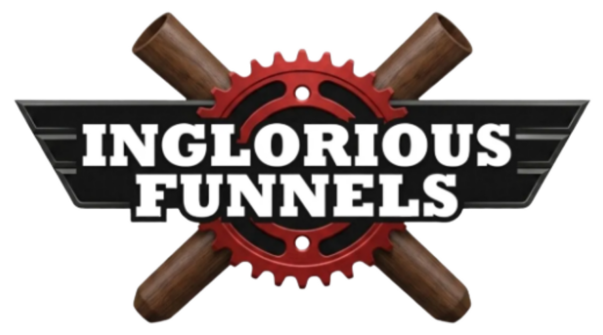 White 3D logo reading “INGLORIOUS FUNNELS” over crossed baseball bats and a gear emblem