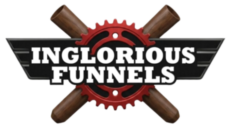 Logo reading “Inglorious Funnels” with crossed wooden bats behind a red gear.
