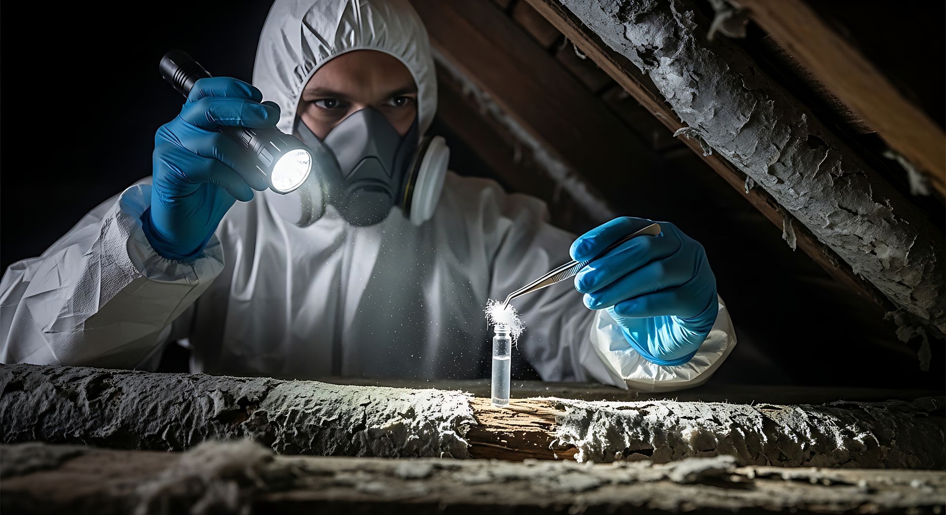 Inspector in coveralls and respirator collects a dusty insulation sample into a vial with tweezers.
