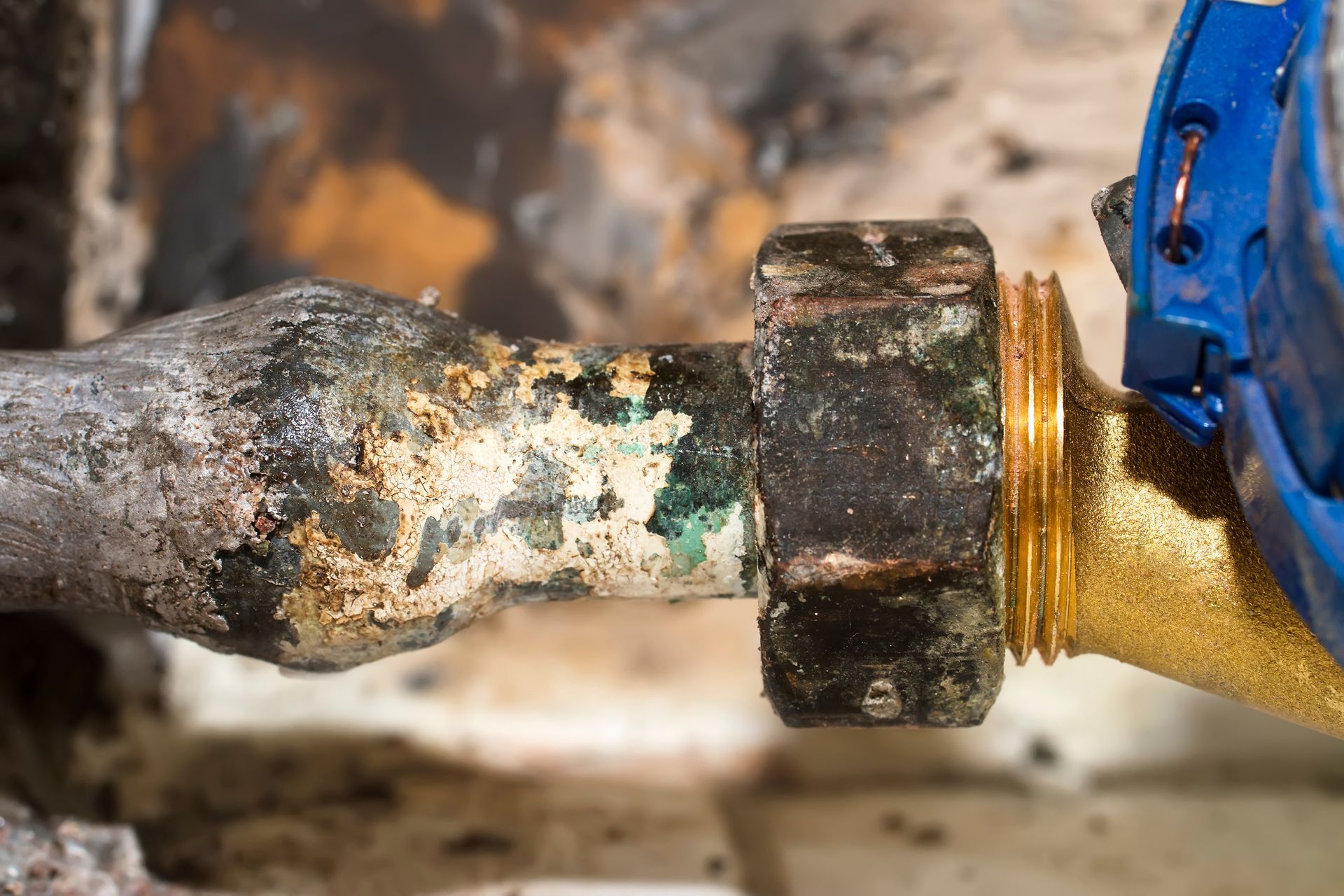 A rusty pipe with mold, featuring a blue valve for controlling water flow A rusty pipe with mold, featuring a blue valve for controlling water flow
