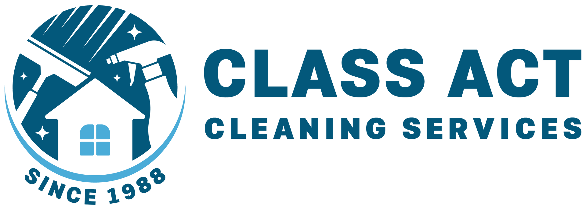The logo for class act cleaning services shows a house and a cleaning brush.
