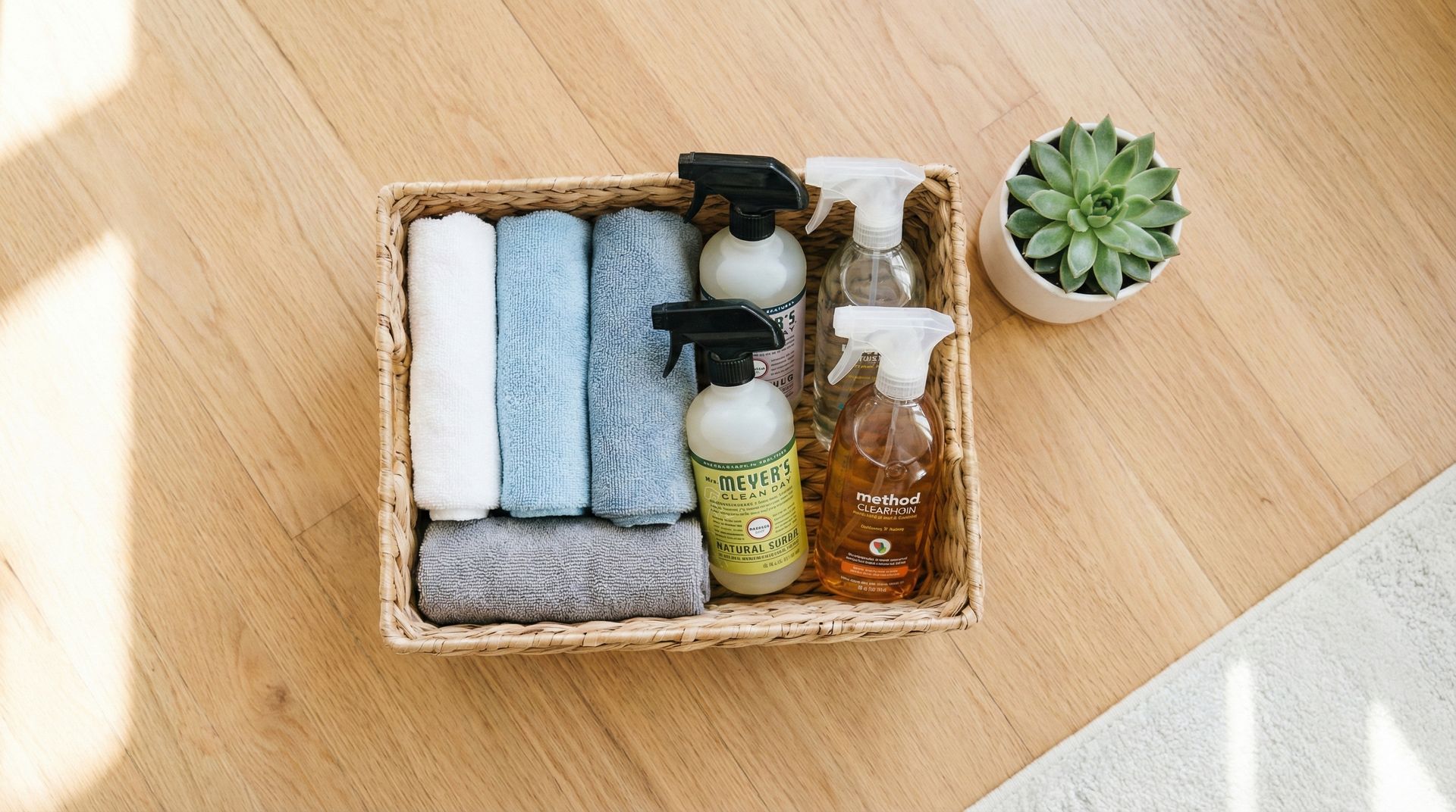 Organized cleaning supplies basket with microfiber cloths and natural products on hardwood floor in 