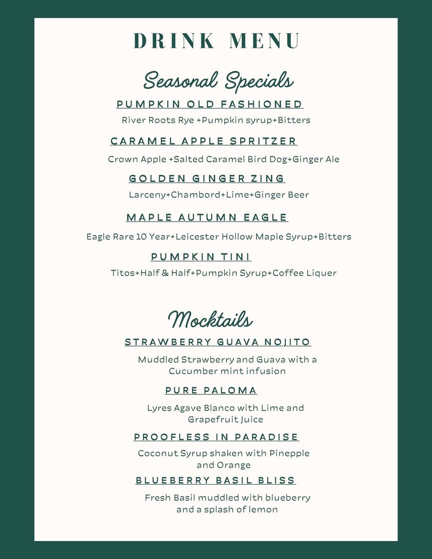Oak & Ember Luxury Lounge Drink Menu