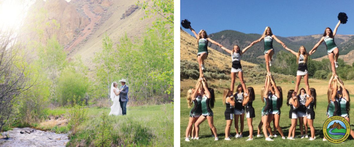 A bride and groom are standing next to a river and cheerleaders are doing a pyramid.