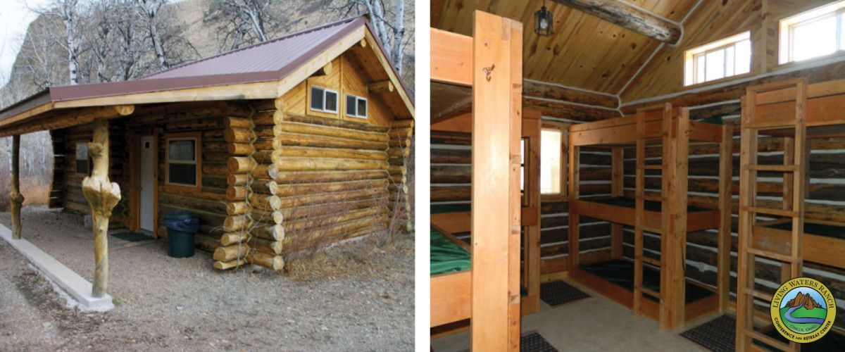 A picture of a log cabin and a picture of a bunkhouse.
